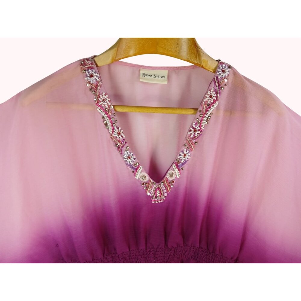Rhona Sutton Ombre Pink Purple Beaded V Neck Sheer Tunic Top Cover Up Size M - Picture 5 of 11